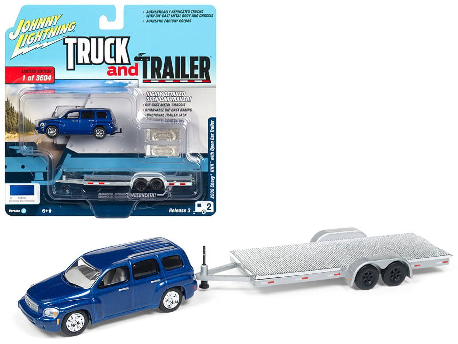 2006 Chevrolet HHR Daytona Blue w/ Chrome Open Car Trailer Ltd Ed 3604 pcs 1/64 Diecast Model Car by Johnny Lightning