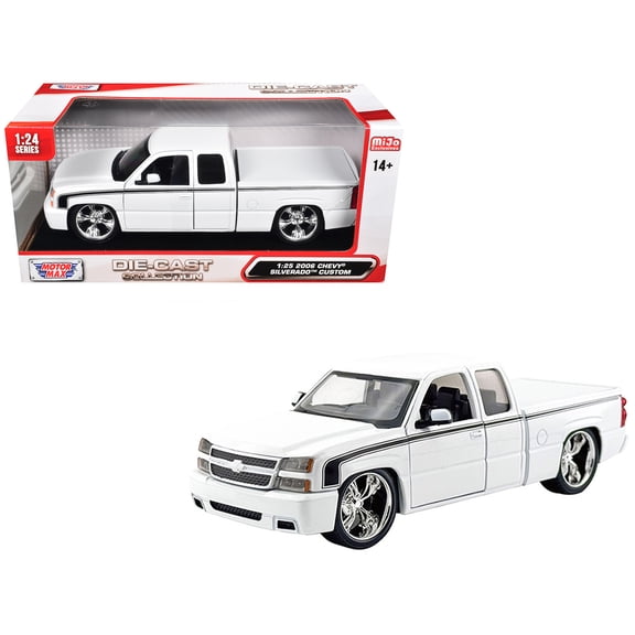 2006 Chevrolet Silverado Custom Pickup Truck White with Black Stripes "Die-Cast Collection" Series 1/25 Diecast Model Car by Motormax