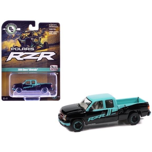2006 Chevrolet Silverado Pickup Truck "Polaris RZR" Black and Blue 1/64 Diecast Model Car by Auto World