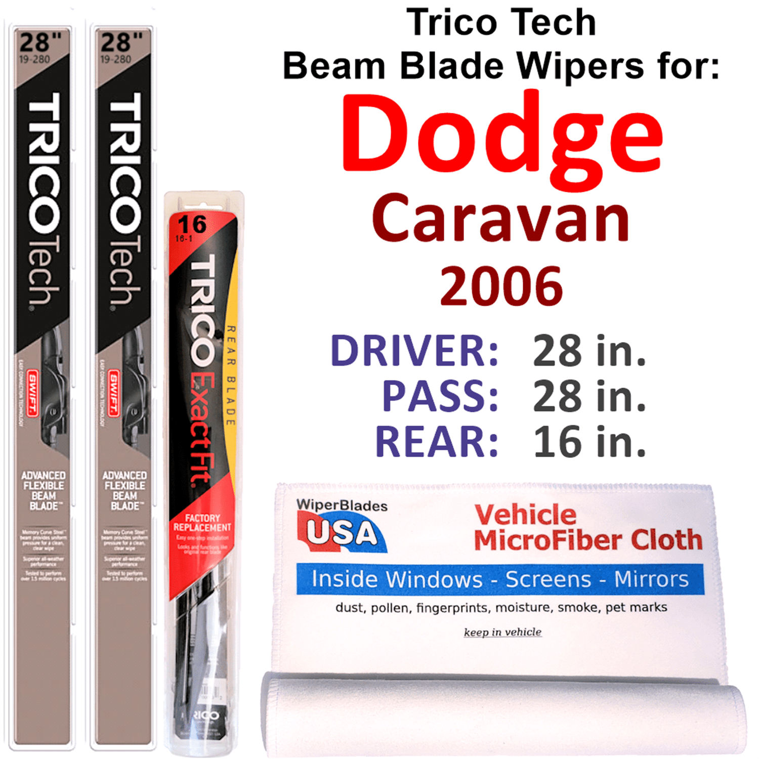 2006 Dodge Caravan Beam Blade Wipers (Set of 3) w/Rear Wiper