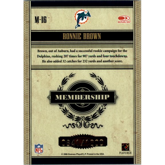 2006 Donruss Classics Membership Bronze #16 Ronnie Brown /1000 NFL Football Trading Card