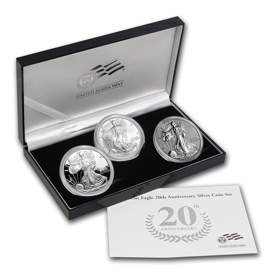 U.S. MINT 2006-W 3-Coin Proof Silver Eagle Set (20th Anniv, w/Box & COA)