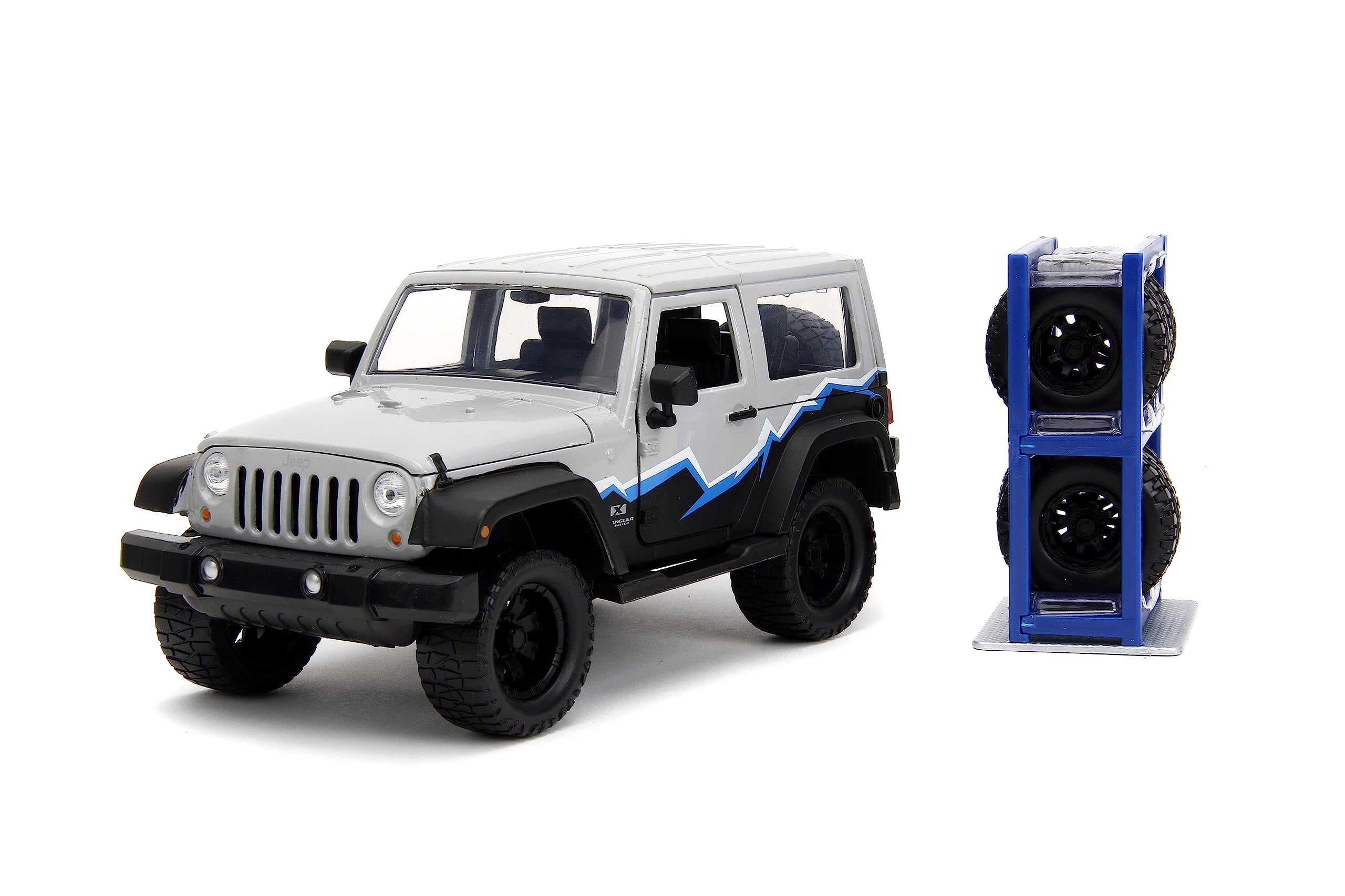 Just Trucks 1:24 2007 Jeep Wrangler Die-Cast Truck w/Tire Rack, Toys for Kids and AdultsGrey/Primer Black
