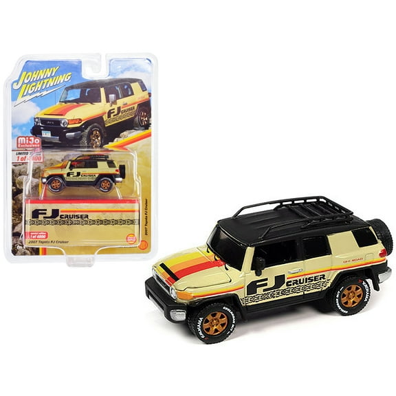 2007 Toyota FJ Cruiser Beige w/Stripes and Black Top with Roofrack Ltd Ed to 4800 pcs 1/64 Diecast Model Car by Johnny Lightning