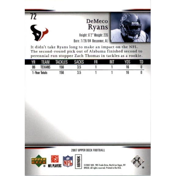 2007 Upper Deck #72 DeMeco Ryans NFL Football Trading Card