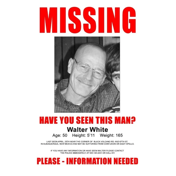 2008 Breaking Bad Movie Poster Walter White Missing Poster UNFRAMED PAPER POSTER, Home Decor