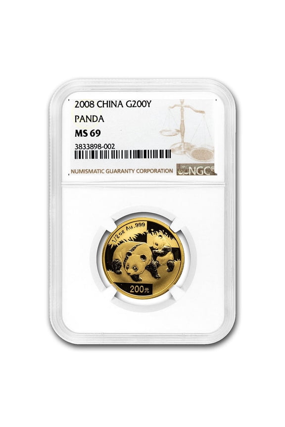 2008 China 1/2 oz Gold Panda MS-69 NGC