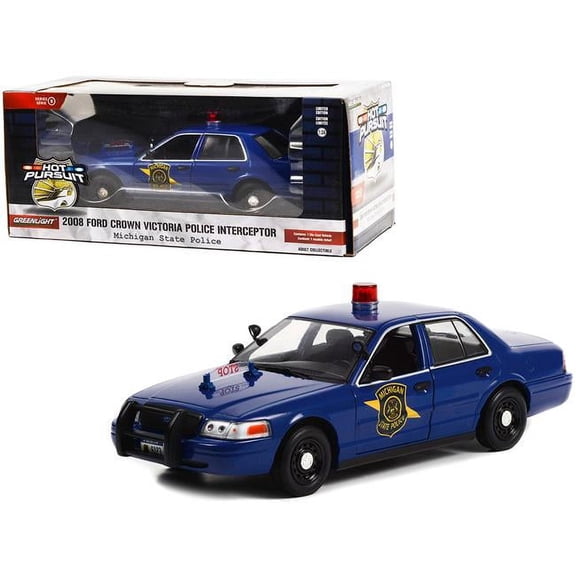2008 Ford Crown Victoria Police Interceptor Dark Blue "Michigan State Police" "Hot Pursuit" 1/24 Diecast Model Car by Greenlight