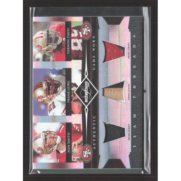 2008 Leaf Limited Team Threads Frank Gore Alex Smith Vernon Davis #TTT-5 /25 Game-Worn Jersey Prime Jersey