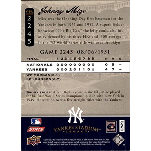2008 Upper Deck Yankee Stadium Legacy Collection #2245 Johnny Mize MLB Baseball Trading Card