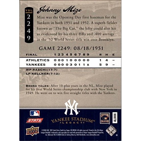 2008 Upper Deck Yankee Stadium Legacy Collection #2249 Johnny Mize MLB Baseball Trading Card