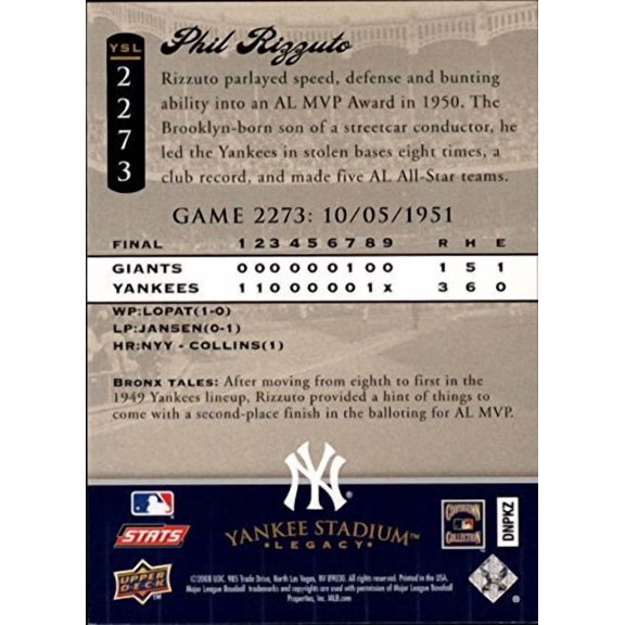 2008 Upper Deck Yankee Stadium Legacy Collection #2273 Phil Rizzuto MLB Baseball Trading Card