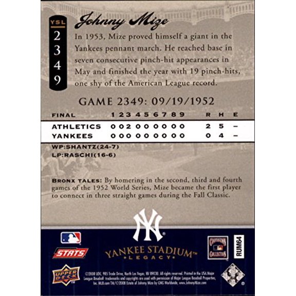 2008 Upper Deck Yankee Stadium Legacy Collection #2349 Johnny Mize MLB Baseball Trading Card