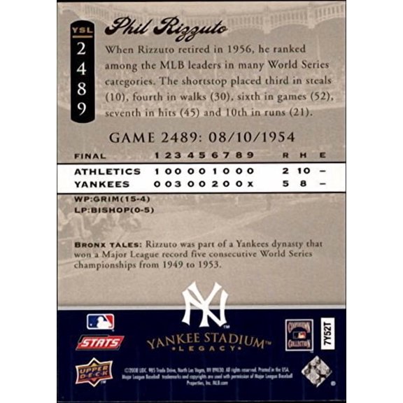 2008 Upper Deck Yankee Stadium Legacy Collection #2489 Phil Rizzuto MLB Baseball Trading Card