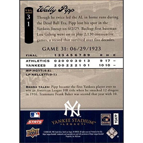 2008 Upper Deck Yankee Stadium Legacy Collection #31 Wally Pipp MLB Baseball Trading Card