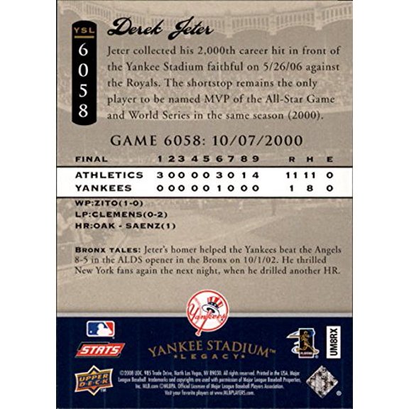 2008 Upper Deck Yankee Stadium Legacy Collection #6058 Derek Jeter MLB Baseball Trading Card