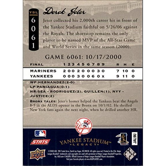 2008 Upper Deck Yankee Stadium Legacy Collection #6061 Derek Jeter MLB Baseball Trading Card