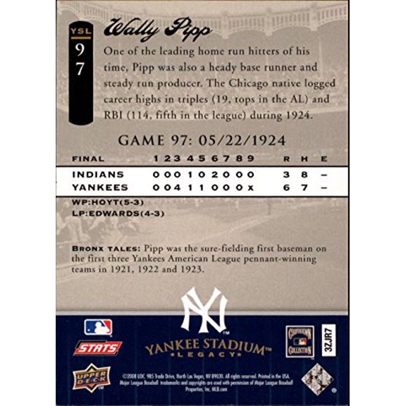 2008 Upper Deck Yankee Stadium Legacy Collection #97 Wally Pipp MLB Baseball Trading Card