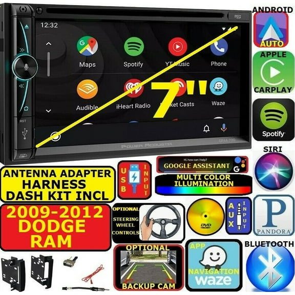 2009-2012 DODGE RAM GPS APPLE CARPLAY NAVIGATION (works with IPHONE) AM/FM USB/BLUETOOTH CAR RADIO STEREO PKG. INCL. VEHICLE HARDWARE: DASH KIT, WIRE HARNESS, AND ANTENNA ADAPTER WHEN REQIRED.
