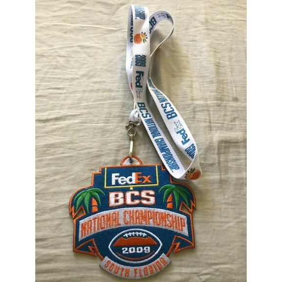 2009 BCS National Championship game white fabric lanyard with jersey patch (Tim Tebow and Florida Gators win)