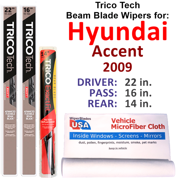 2009 Hyundai Accent Beam Blade Wipers (Set of 3) w/Rear Wiper