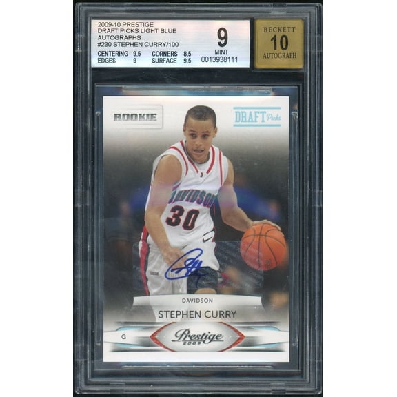 2009 Panini Prestige Draft Picks Light Blue Autograph Stephen Curry #230 /100 BGS 9