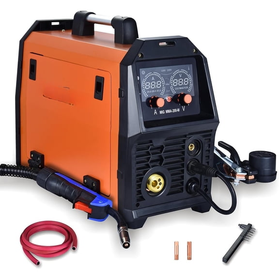 200A Synergic Mig Welder Wire Feed Welder, 4 in 1 Gas MIG/Gasless Flux MIG/Stick/Lift TIG Multi-Process Welder Machine, 110V/220V Dual Welder with IGBT Inverter & LCD Screen Display