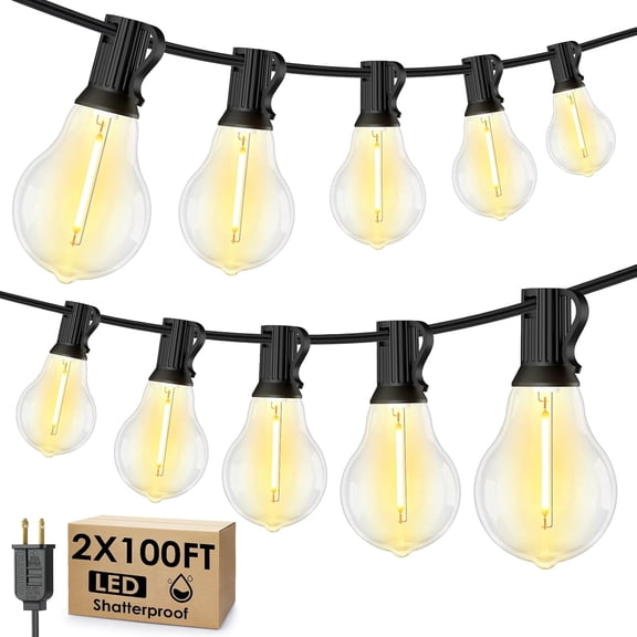 200FT(2x100FT) Outdoor String Lights, LED Patio Lights with 63 Shatterproof A39 Dimmable Bulbs(3 Spare) for Balcony-2 Pack Black