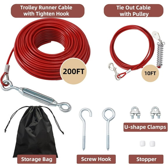 200FT Dog Runner for Yard with 10FT Tie Out Cable - Heavy Duty Trolley System for Large Dogs Up to 250LBS, Backyard/Park/Camping Use (Red, 200FT+10FT)