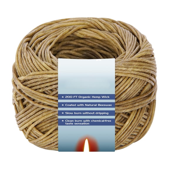 200FT Hemp Wick with Beeswax, Organic Slow Burn Wick for DIY Candles or Lighters, No Drip Wax, 1.1mm Thickness, Beige