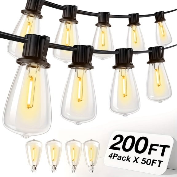 200FT IP54 Waterproof LED Outdoor String Lights - ETL Listed, Shatterproof ST38 Bulbs, Dimmable & Connectable