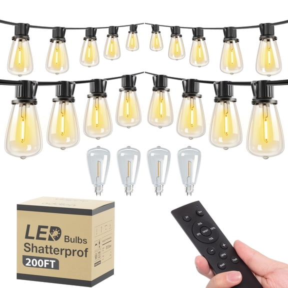 200FT IP54 Waterproof LED Outdoor String Lights With Remote Control- ETL Listed, Shatterproof ST38 Bulbs, Dimmable & Connectable