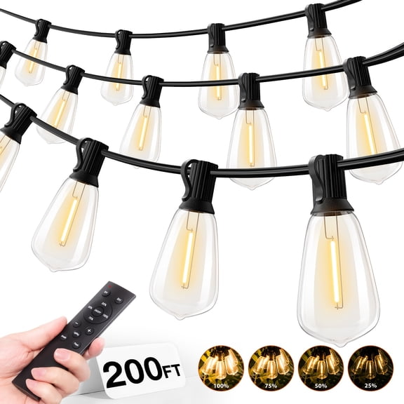 200FT IP54 Waterproof LED Outdoor String Lights With Remote, Dimmable And Connectable, Shock-Resistant ST38 Bulbs