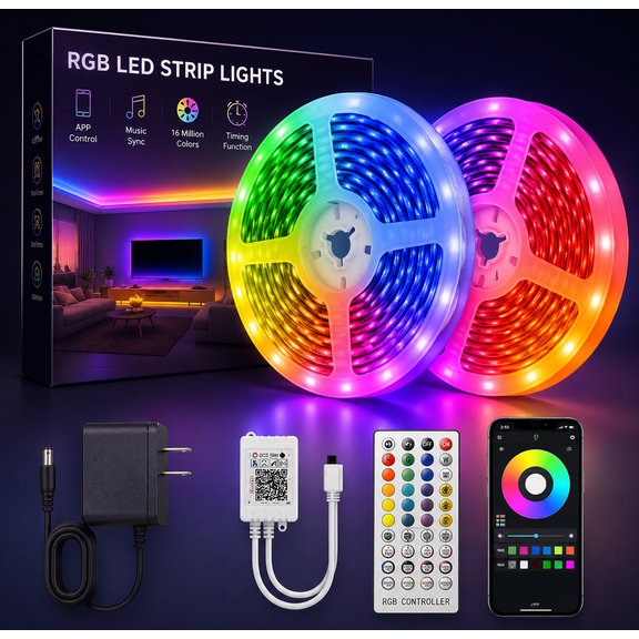200FT LED Strip Lights for Bedroom, RGB Color Changing LED Lights with Remote and App Control, Music Sync LED Light Strips, 2 Rolls 100FT for Room, Gaming, Party, Home Decor
