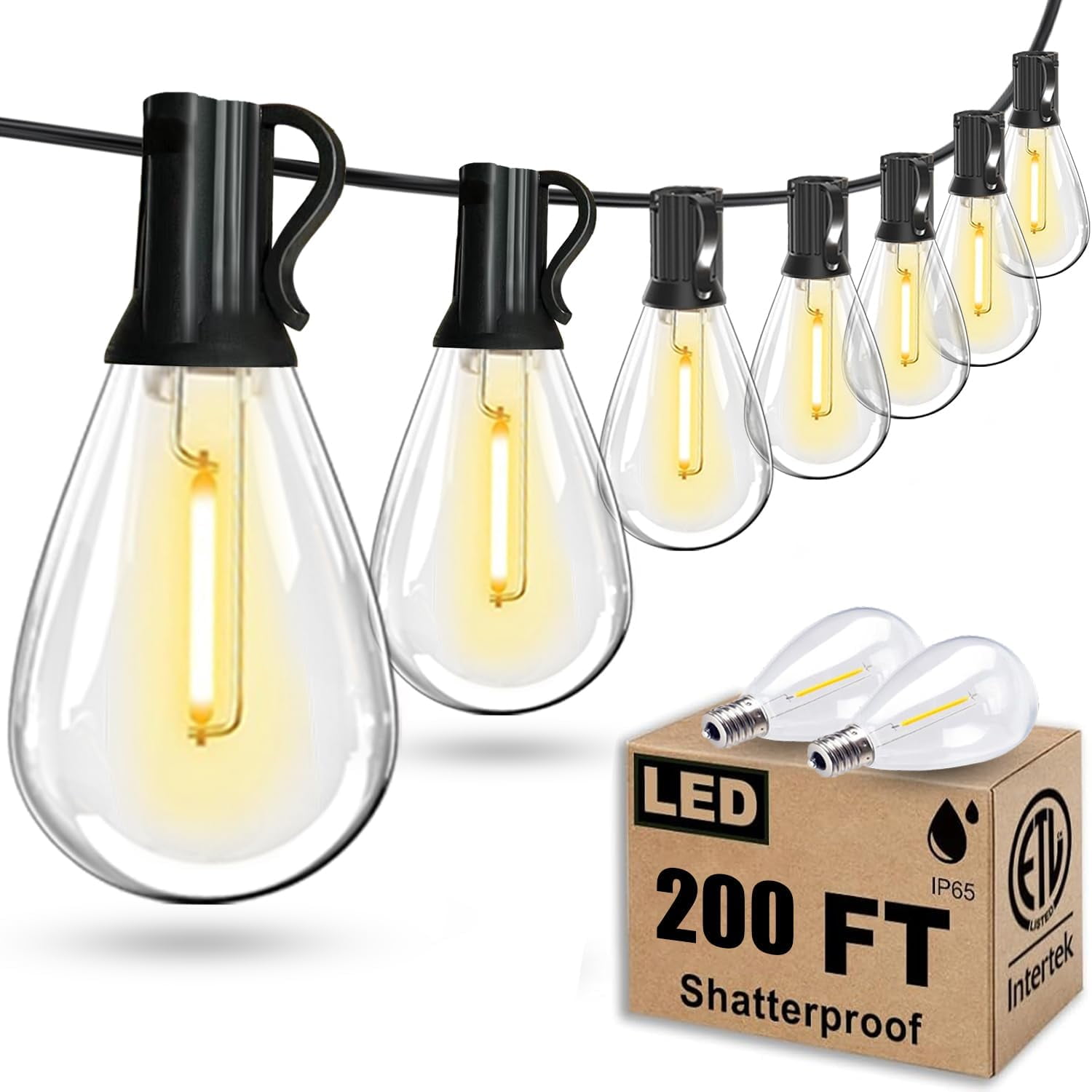 200FT Outdoor String Lights, Ultra Long Waterproof 60+2 Edison Shatterproof Bulbs Led Outside Patio Lights for Porch Deck Garden Backyard Balcony Wedding Party Decor
