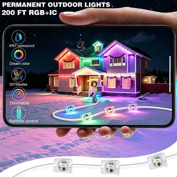 200FT Permanent Outdoor RGB IC Lights -Gradient Color Changing Eave Lights Waterproof App/Remenes, Perfectote Control, Music Sync & DIY Sc for House Roof,Christmas, Halloween, Party & Daily Decor