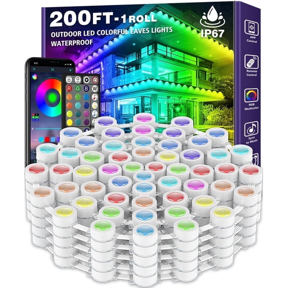 200FT Permanent Outdoor RGB Lights, IP67 Waterproof Eaves Lights with Smart App & Remote Control, DIY Scene Modes & Music Sync, Color Changing String Lights for Garden, Patio, Deck, Christmas Holiday