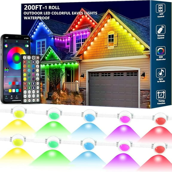 200FT Permanent Outdoor RGB Lights,Waterproof Smart LED Eaves Lights with App/Remote Control,for Christmas and All Holiday Decor,Daily and Accent Lighting,House Roof and Garden Lighting