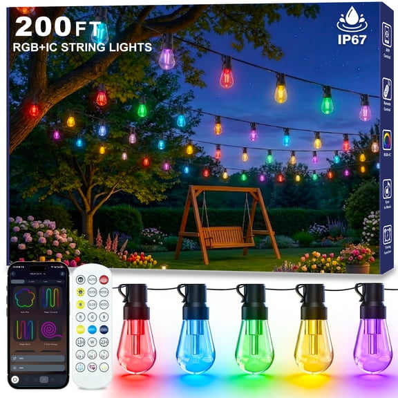 200FT RGB Outdoor String Lights, +IC Outside Light Dimmable Shatterproof LED Bulbs, IP67 Waterproof Chasing Effect Lighting DreamColor Patio Strip Lights for Backyard, Balcony, Outdoor Living