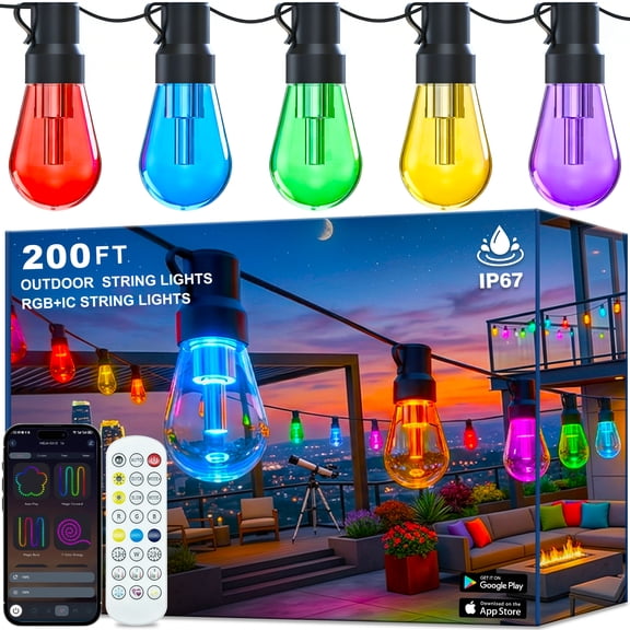 200FT Smart RGB+IC Patio Lights with Shatterproof LED Bulbs ,Outside Light Dimmable Patio for Decor DIY IP67 Waterproof ,Courtyard, garden,Holiday,LED lights more Scene Modes