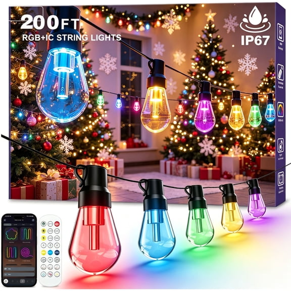 200FT String Lights Outdoor Rgbic Christmas ,Lighted Dimmable Patio for Decor DIY IP67 Waterproof ,Courtyard, Garden,Holiday LED lights
