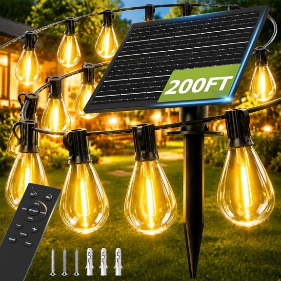 200FT Solar String Lights Outdoor, Dimmable Patio Lights Solar  with Remote & USB Port 72+2 LED Shatterproof Bulbs 3 Light Modes,  Solar Light for Camping Backyard Garden