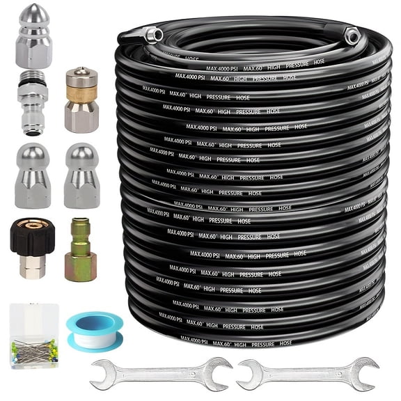 200Ft Sewer Jetter Kit for Pressure Washer, 4000PSI Hydro Drain Cleaner Hose with 1/4" Female NPT, Rotating Nozzle, Adapter & Button Nose (Battery Not Included)