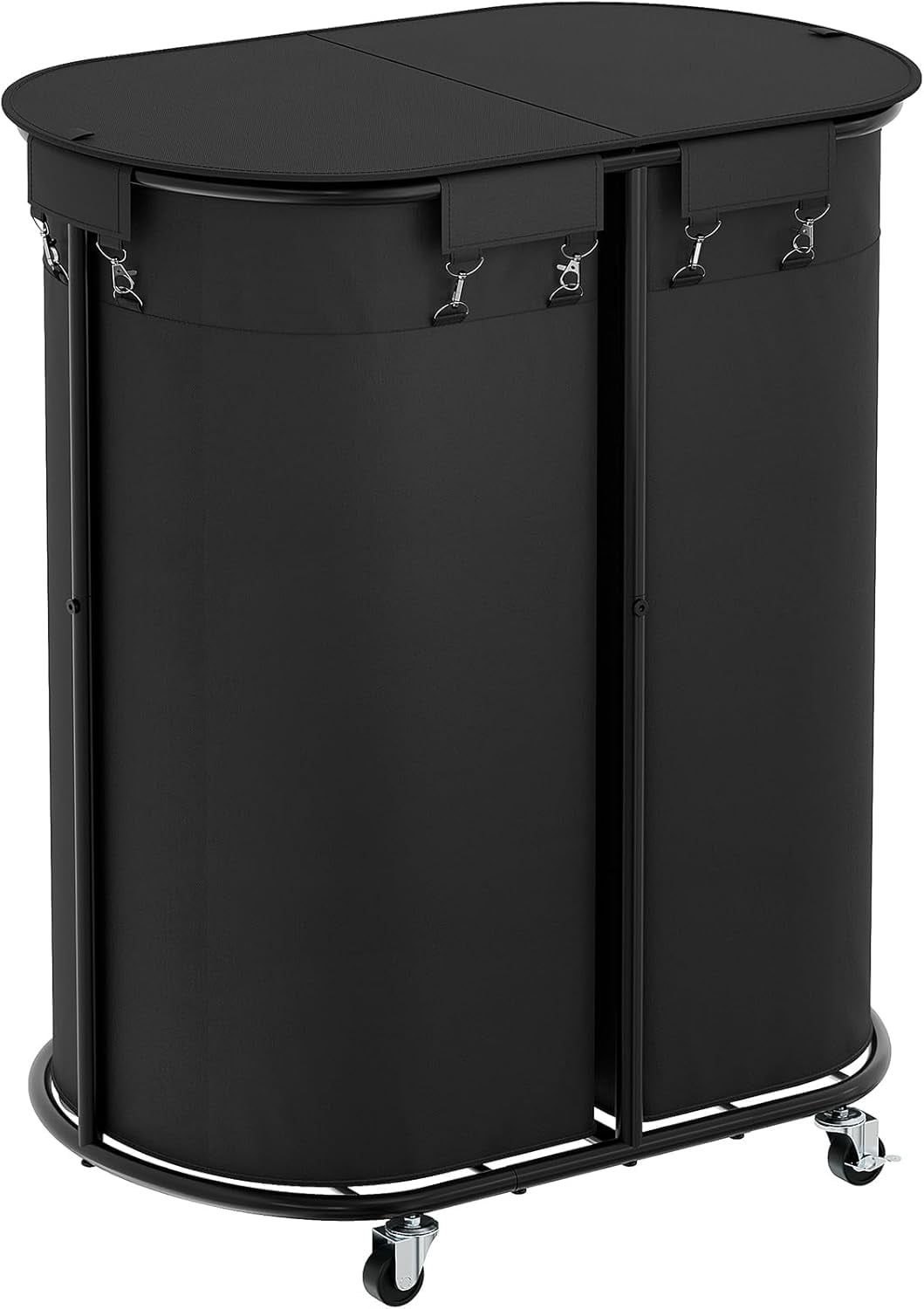 200L Double Laundry Hamper with Wheels and Lid, Large Oval Rolling Basket with Removable Bags, Black