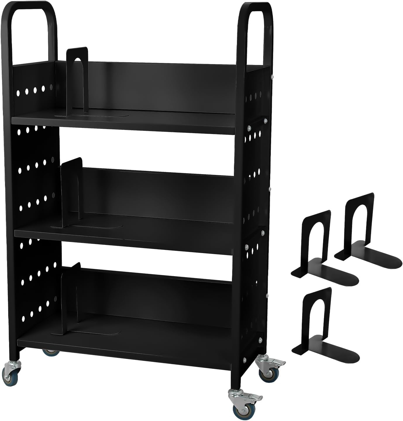 Black Steel Single-Sided L-Shaped Library Book Cart with Lockable Wheels
