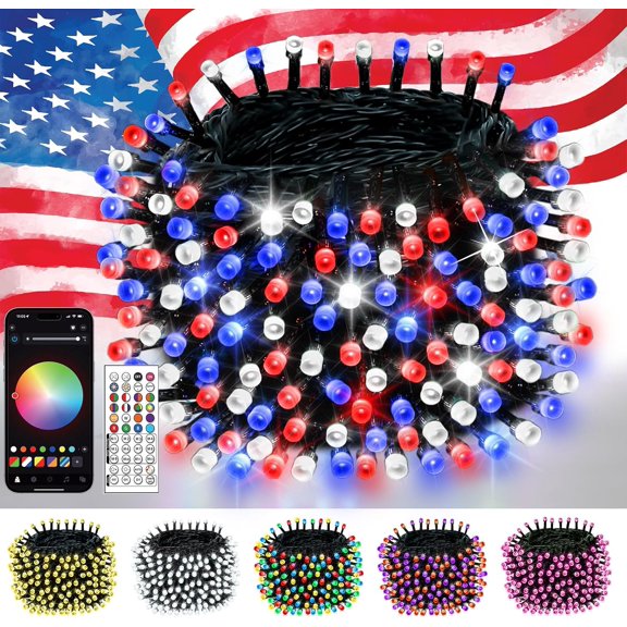 200LED Smart 4th of July String Lights | 82FT App Controlled Red White and Blue American Flag Lights, Waterproof Patriotic RGB Color Changing String Lights with Remote & Timer Outdoor for Memory Day