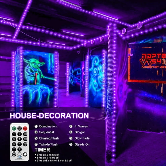 200LED UV String Lights 65.6FT Waterproof Outdoor Indoor Blacklight with Remote Timer