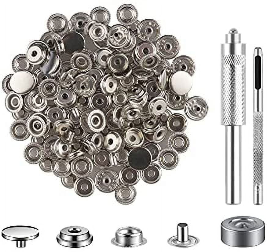 MSDADA 32 Sets Press Studs Cap Button, Stainless Steel Snap Fasteners Kit with Hand Fixing Tools, Instant Metal Buttons No-Sew Clips Snap for Bags, Jeans