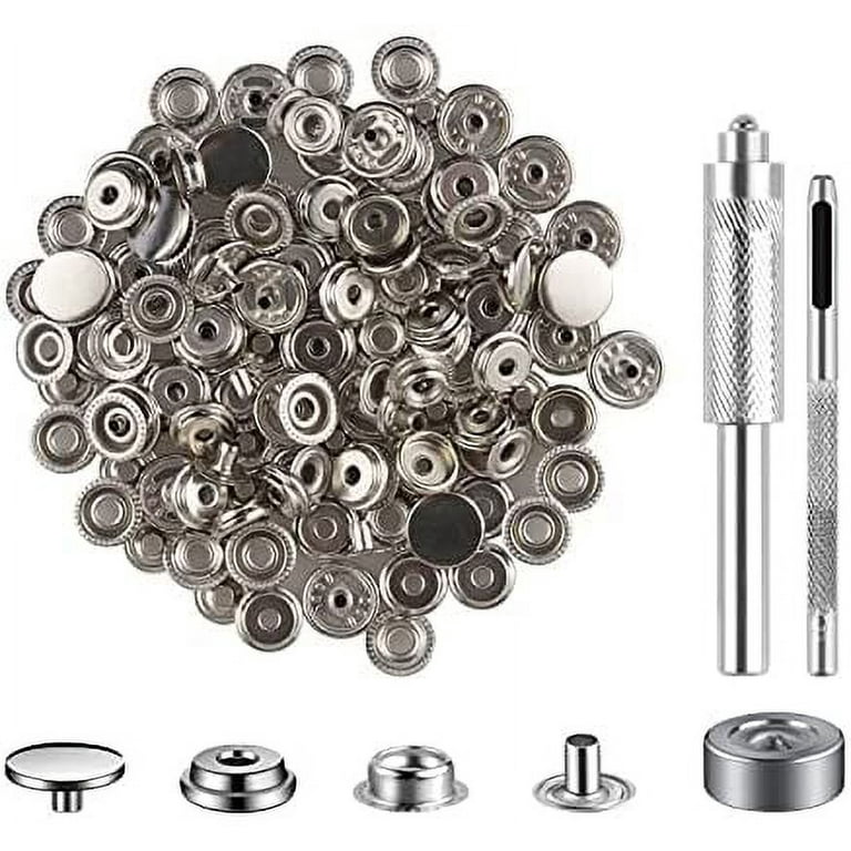 200 Pieces (50Sets) Leather Snap Fastener Kit Tool 5/8 inches (15mm) Snaps  for Leather Press Studs Snap Fasteners Stainless Snaps Buttons for Canvas