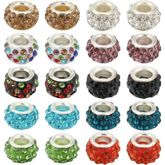 200PCS 10 Colors 12mm European Large Hole Beads Rhinestone Large Hole Beads Glass Spacers Diamond Colorful Rondelle Hair Beads for Jewelry Making Beads Beadable Pens DIY Bracelet